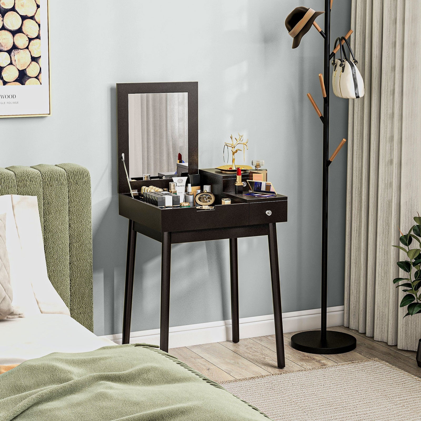 homcom dressing table with flip up mirror makeup desk with 2 drawers and pine wood legs vanity table writing desk for bedroom living room black