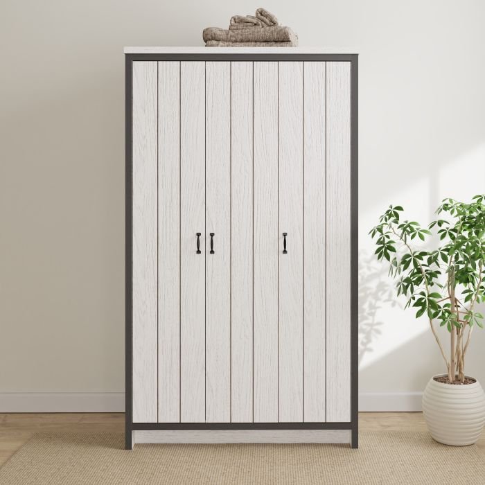 BELONA 3-door wardrobe in white with black handles and reclaimed wood effect finish