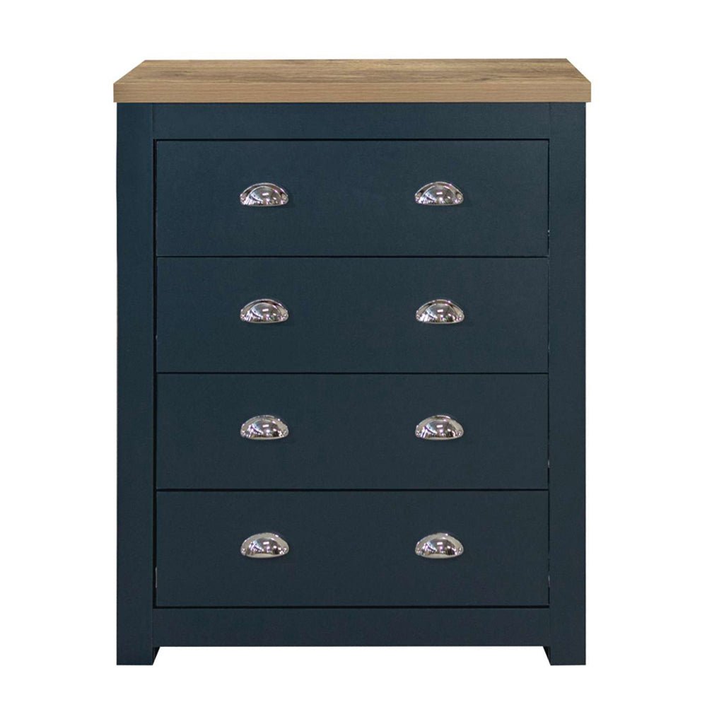 Navy blue wooden chest of 4 drawers with oak-effect top and silver cup handles.