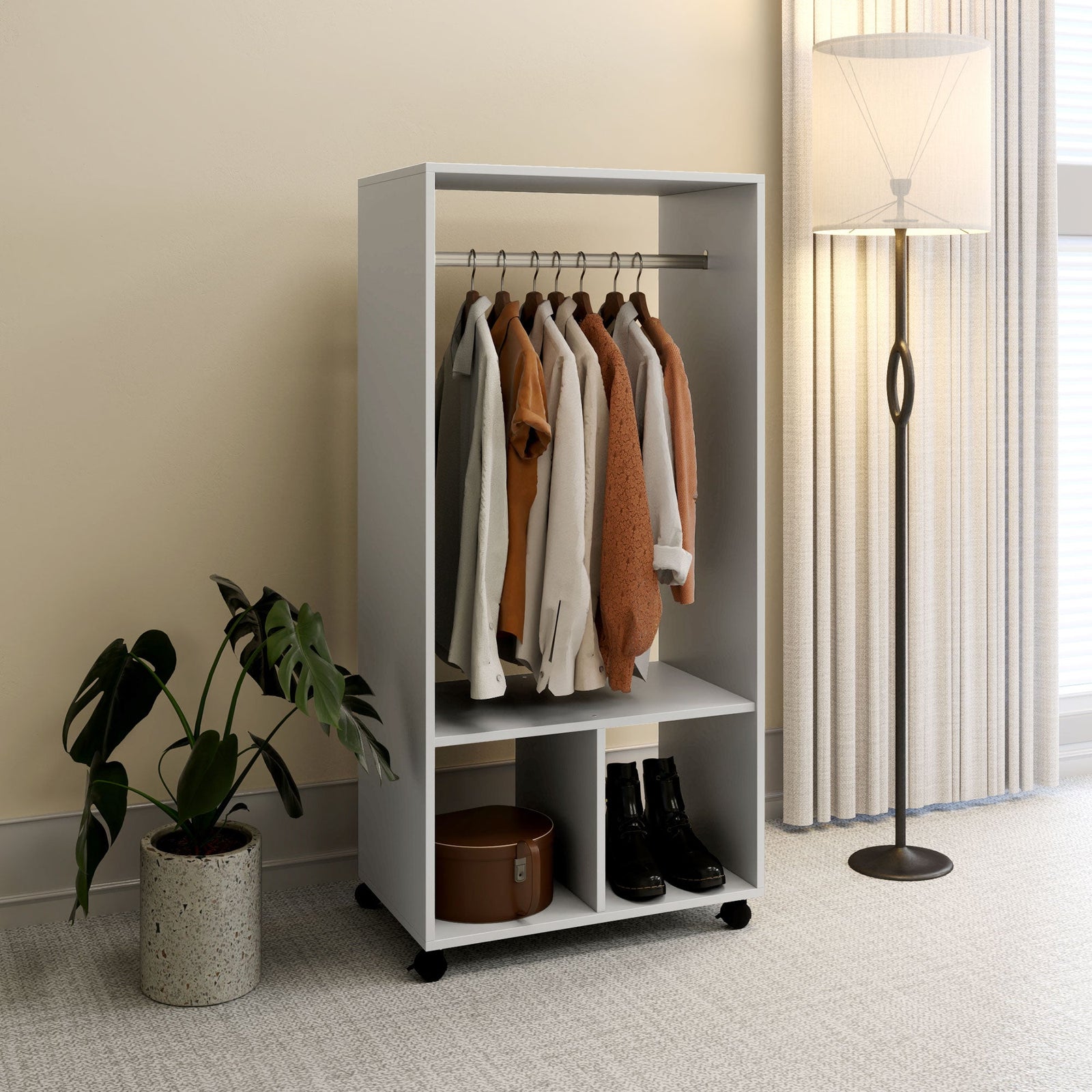 homcom open wardrobe on wheels bedroom wardrobe with clothes hanging rail 2 storage shelves mobile garment rack for cloakroom hallway grey