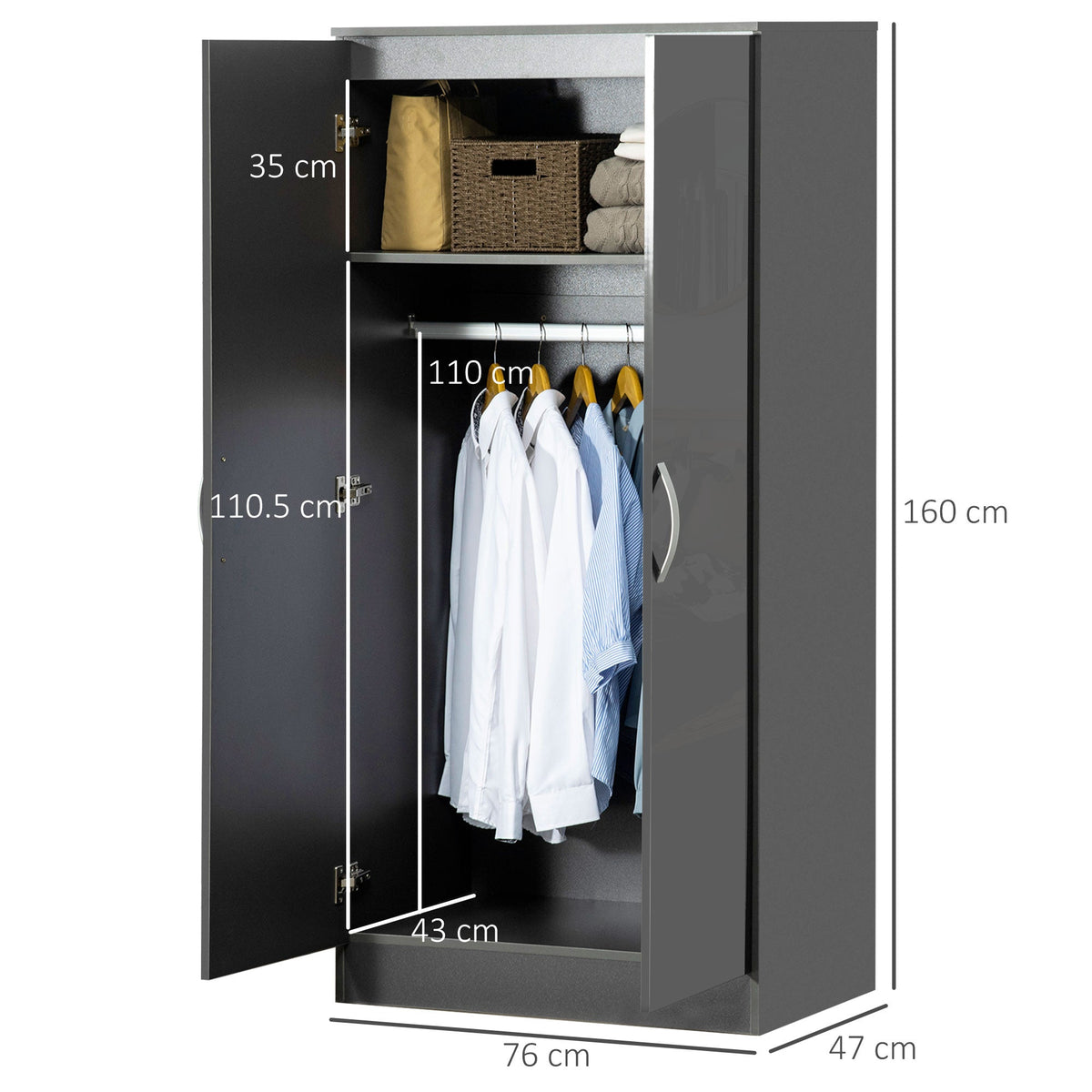 homcom high gloss wardrobe 2 door wardrobe with hanging rod and storage shelf clothes storage organizer with anti tipping design for bedroom grey