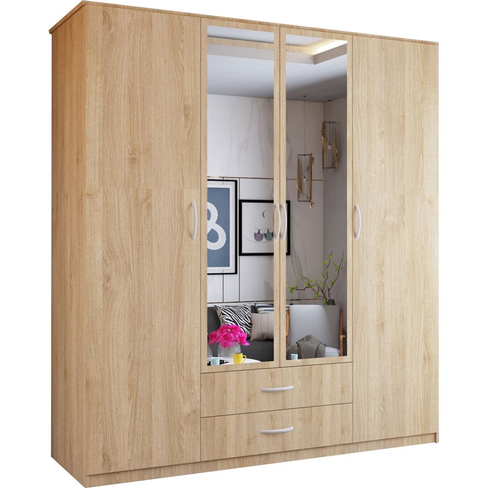 CHOICEWARDROBE London Oak Finish 4-door hinged wardrobe with 2 drawers and central mirrored doors.
