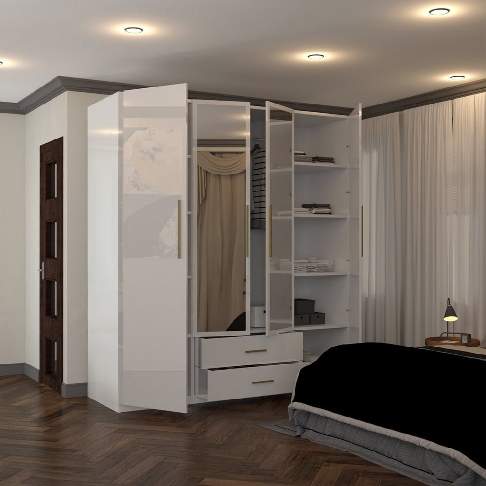 White high gloss 4 door wardrobe with gold handles and mirrored panels, showing 2 open drawers