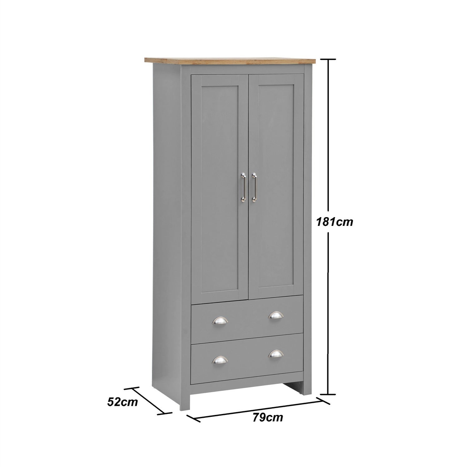 The Lisbon 2 Door 2 Drawers Wardrobe - Light Grey features a tall, grey design with an oak effect top, two drawers, and spacious storage. Dimensions: 181cm high, 79cm wide, 52cm deep.