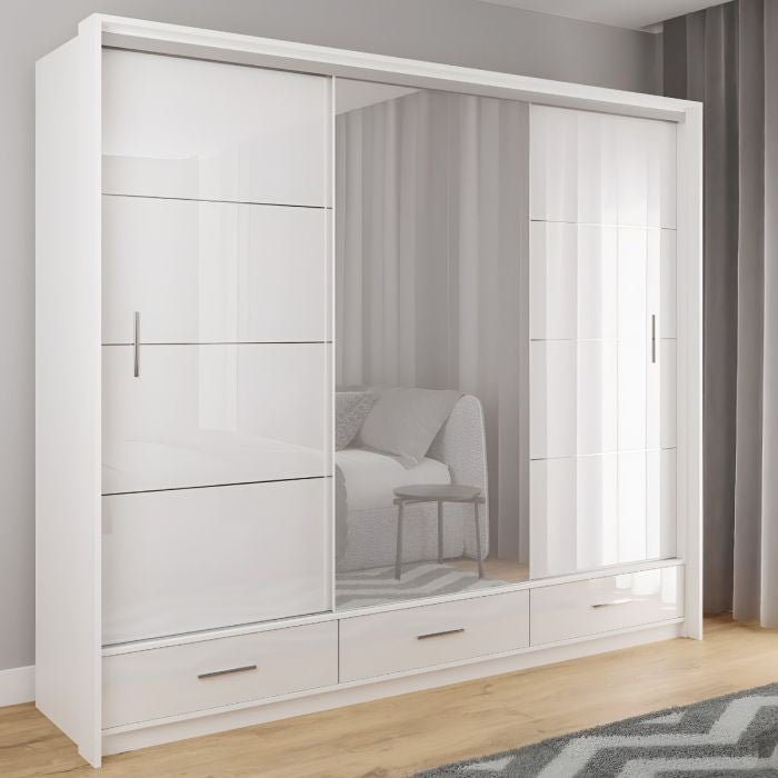 White high gloss 3-door sliding wardrobe with mirrored front and bottom drawers.
