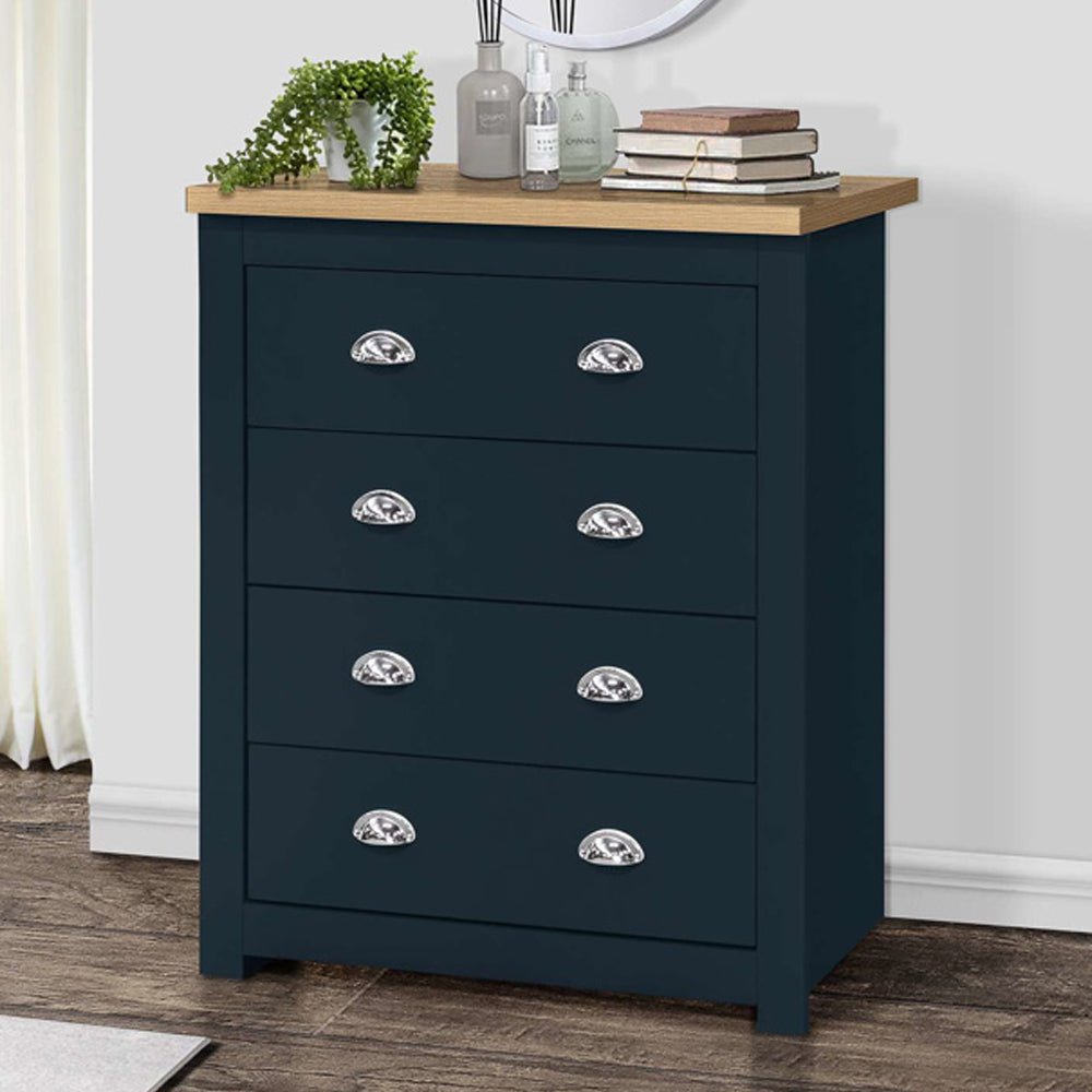 HIGHLAND chest of 4 drawers in navy blue with oak-effect top and silver cup handles.