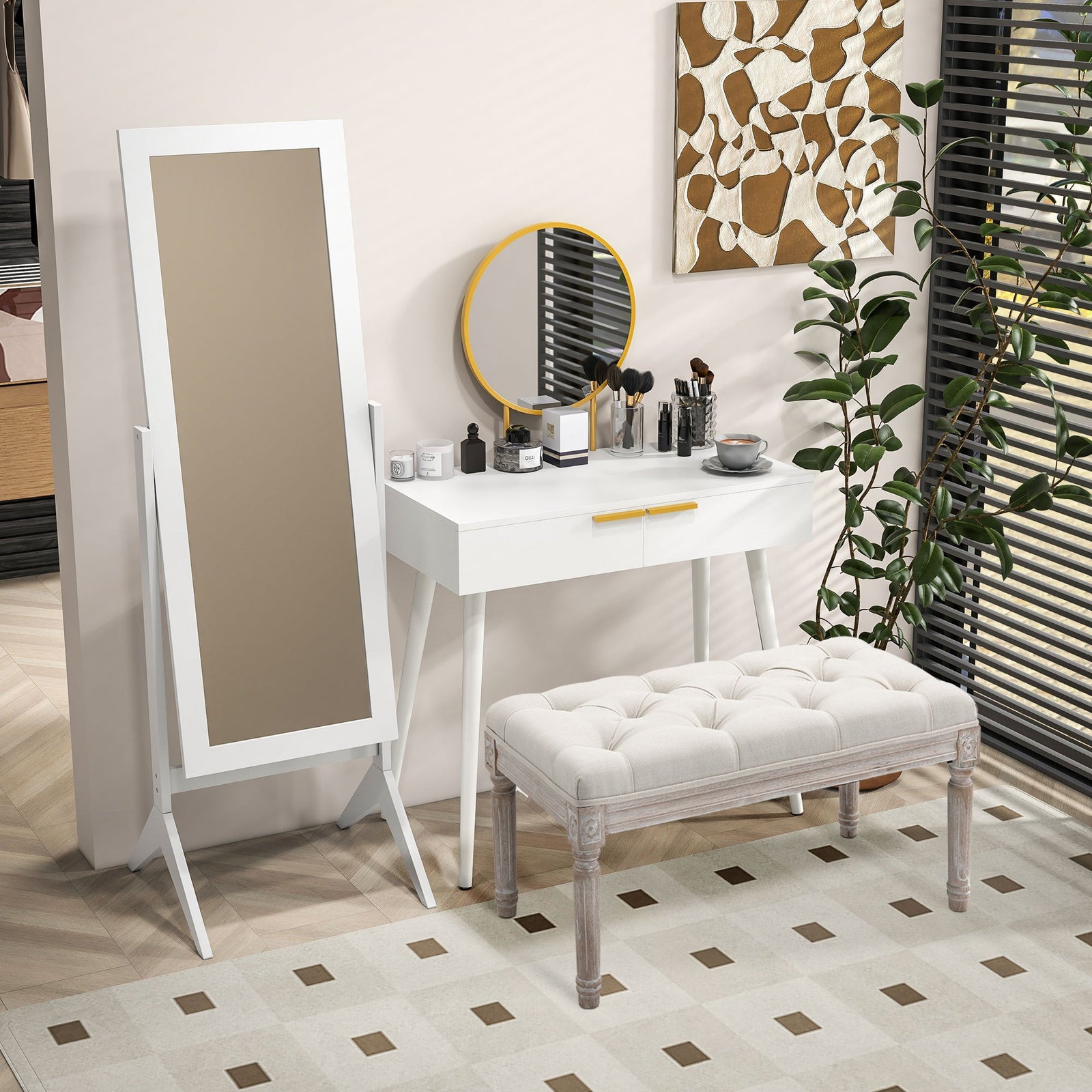homcom elegant dressing table with round mirror 80 x 40 x 123 cm white