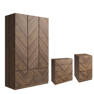 Royal Walnut 3-door wardrobe with drawers and 2 bedside tables, herringbone design