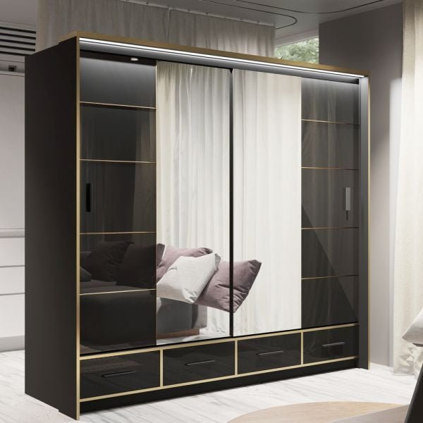 Black gloss 2-door sliding wardrobe with mirrored door panel and drawers