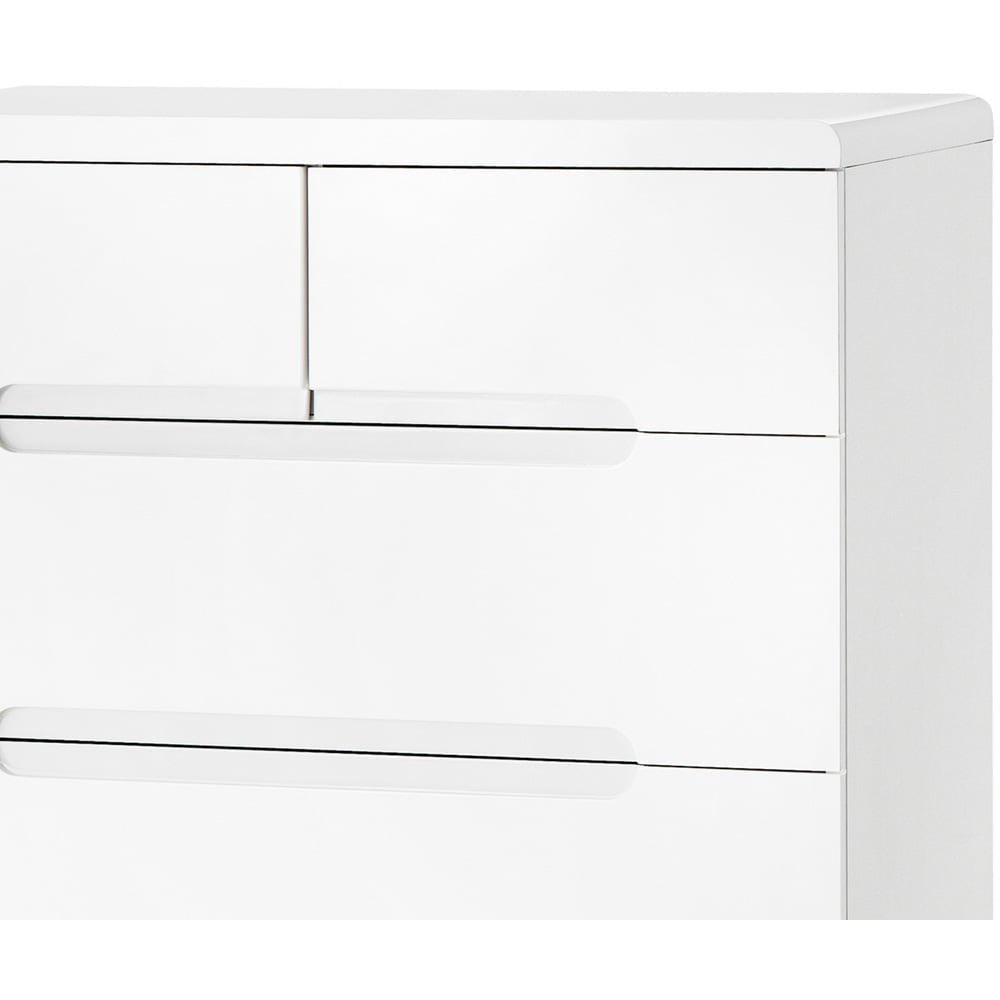 White high gloss chest of drawers with recessed handles, modern bedroom storage.