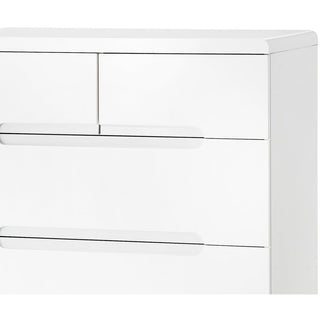 White high gloss chest of drawers with recessed handles, modern bedroom storage.