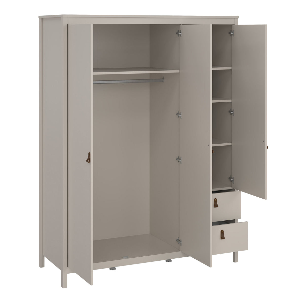 Open beige 3-door wardrobe with 2 visible drawers and internal shelf and rail