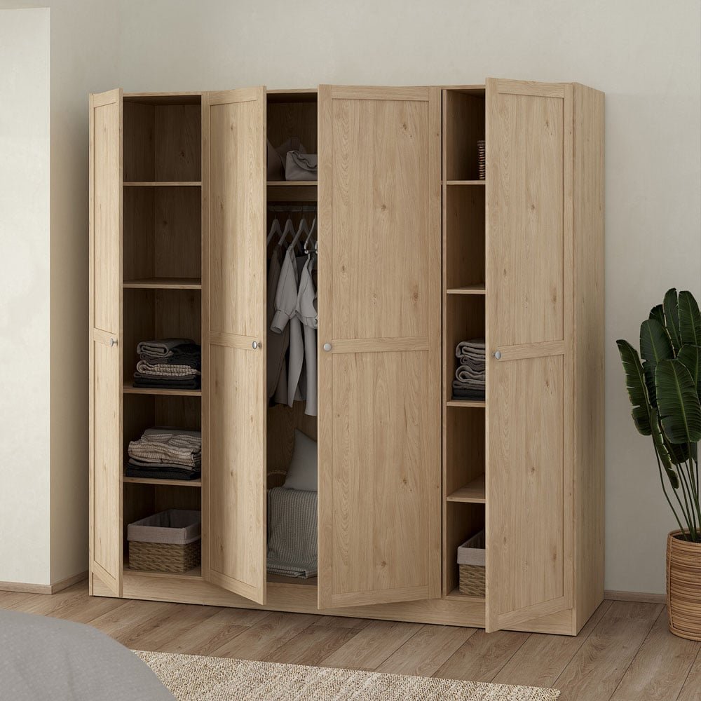 Florence Brande 4-door Jackson Hickory Oak wardrobe with open doors showing shelves, hanging clothes, and baskets.