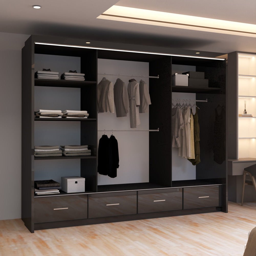 CHOICEWARDROBE Sycylia 255cm black high gloss sliding door wardrobe with mirrored centre panel and internal storage.