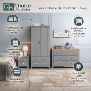 Grey Lisbon 3-piece bedroom furniture set: wardrobe, 6-drawer chest & bedside table.