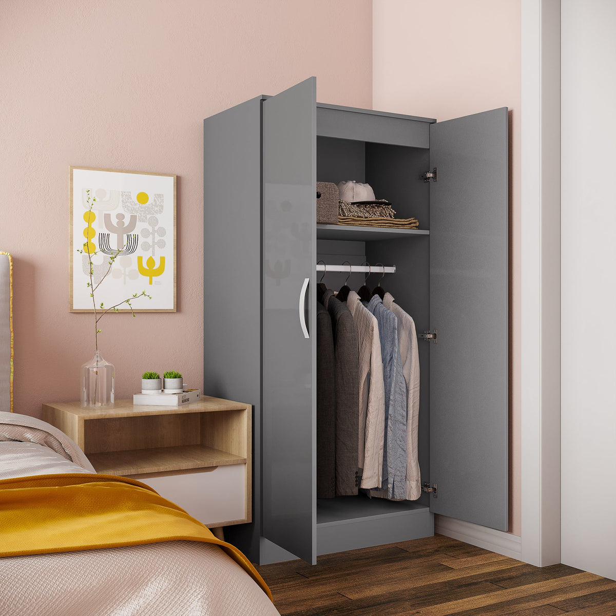 homcom high gloss wardrobe 2 door wardrobe with hanging rod and storage shelf clothes storage organizer with anti tipping design for bedroom grey