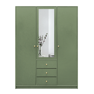 ELVIRO 3 Door Mirrored Wardrobe in green with 3 drawers and central mirror, gold knobs.