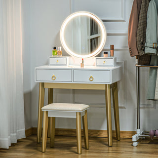 homcom dressing table set with mirror built in 3 color led light vanity makeup table with 4 drawers and cushioned stool for bedroom white