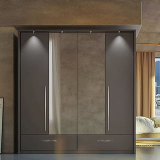 LINDSEY 2 Door graphite grey wardrobe with mirrored panels and LED lighting.
