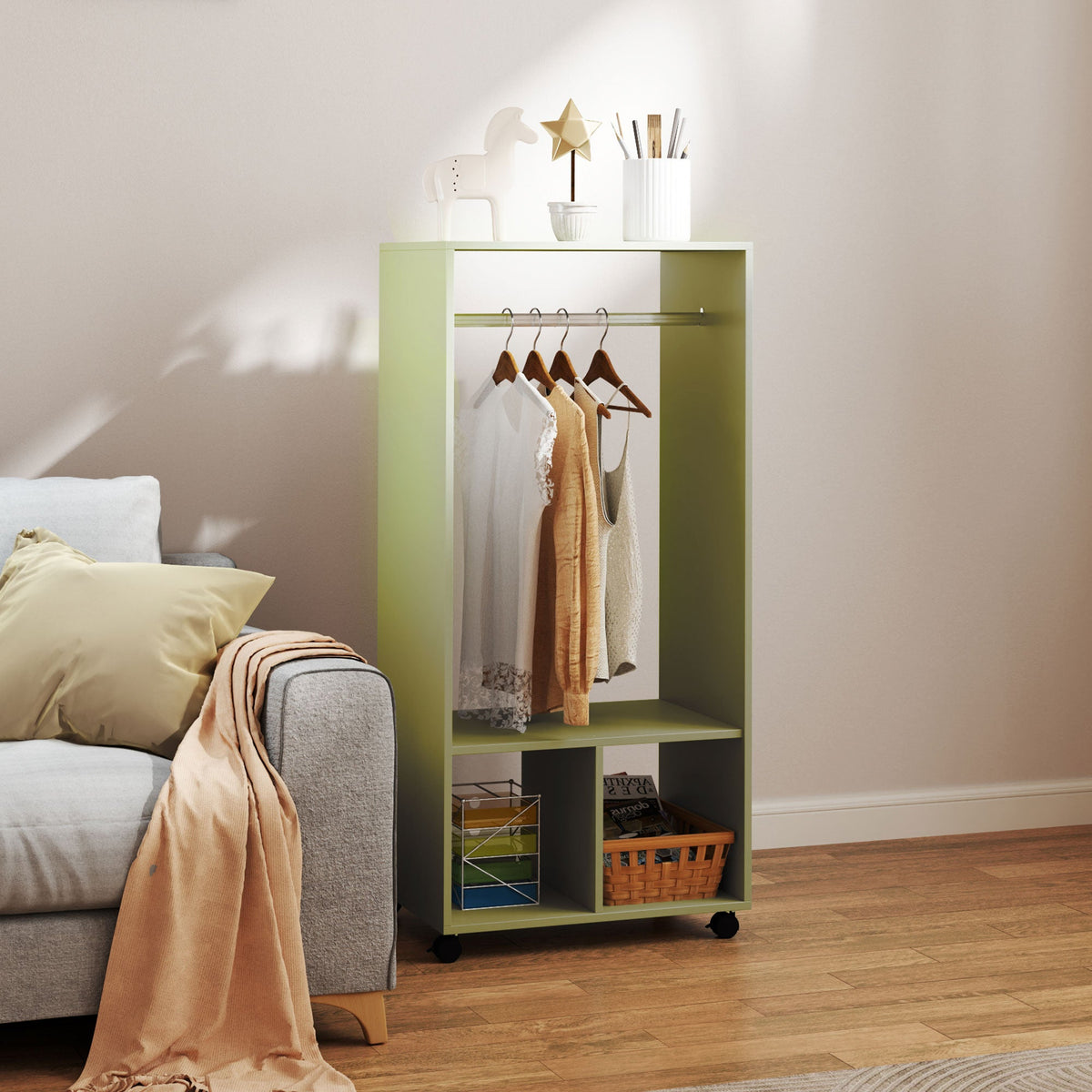homcom open wardrobe on wheels bedroom wardrobe with clothes hanging rail 2 storage shelves mobile garment rack for cloakroom hallway green