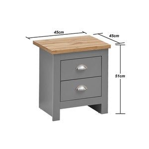 Grey bedside table with two drawers and oak-effect top, 45cm wide x 45cm deep x 51cm high.