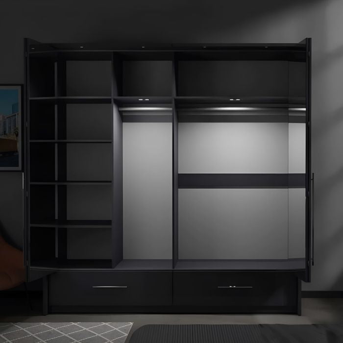 LINDSEY 2 Door Graphite Grey Wardrobe with mirrored doors and visible drawers.