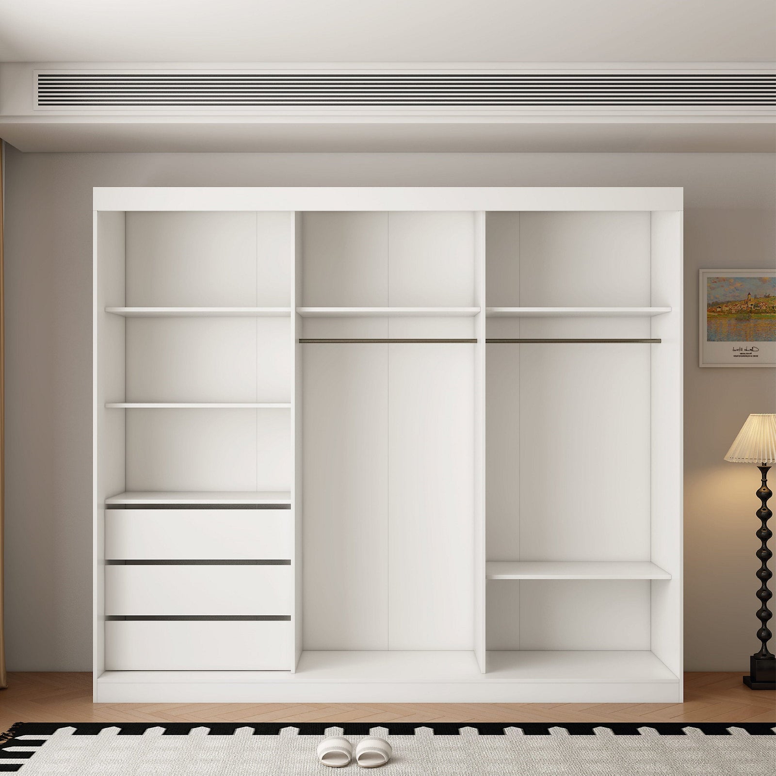 250cm 3 door white gloss sliding wardrobe with mirrored centre door, open shelves, drawers, and hanging rails.
