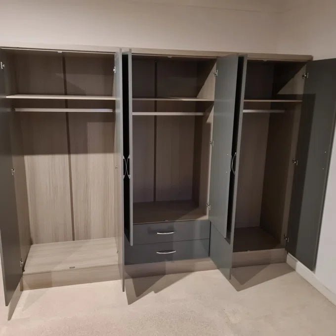 CHOICEWARDROBE 6 door grey gloss hinged wardrobe with open doors and two drawers visible