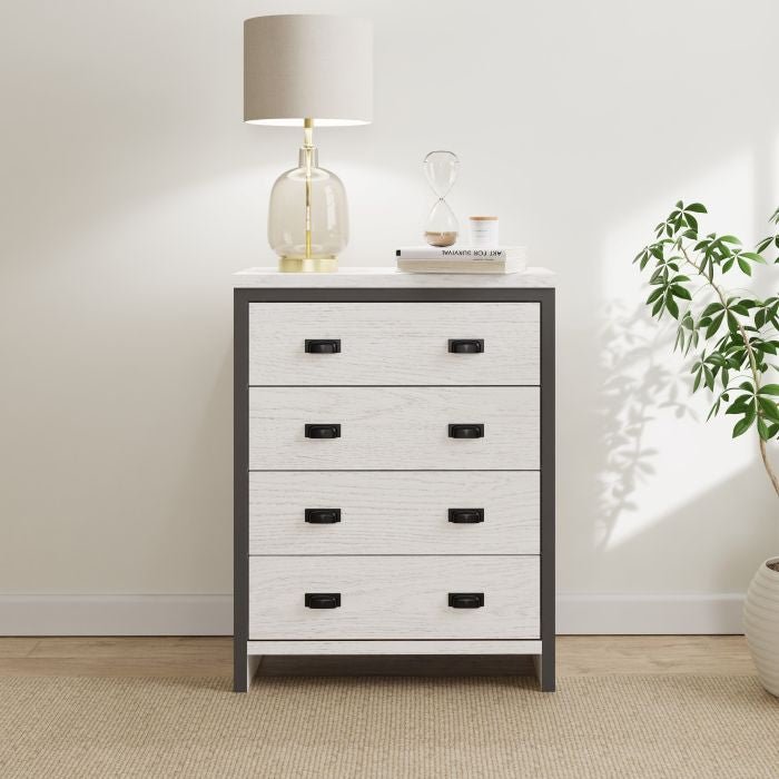 White four-drawer chest with black handles and dark grey frame