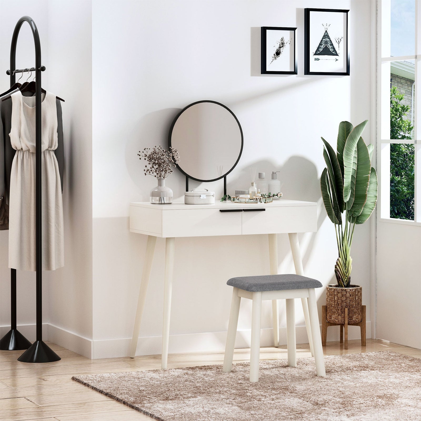 homcom modern dressing table with round mirror and stool makeup vanity table with 2 drawers for bedroom living room 80 x 40 x 123 cm white