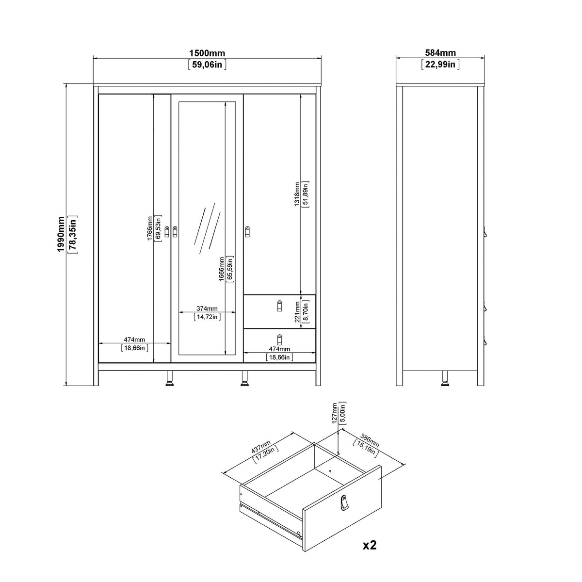 Technical drawing of a 150cm beige 3-door wardrobe with 2 drawers and a mirrored central door, showing dimensions.
