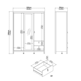 Technical drawing of a 150cm beige 3-door wardrobe with 2 drawers and a mirrored central door, showing dimensions.
