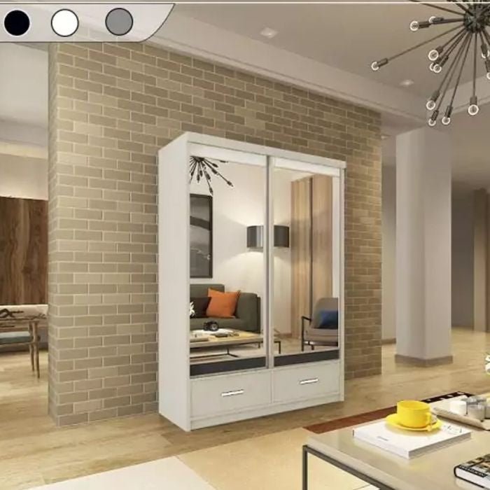 CHOICEWARDROBE NEWRY 150cm white sliding door wardrobe with mirrored panels and two drawers.