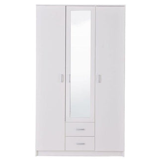 White 3-door wardrobe with central mirror and two drawers