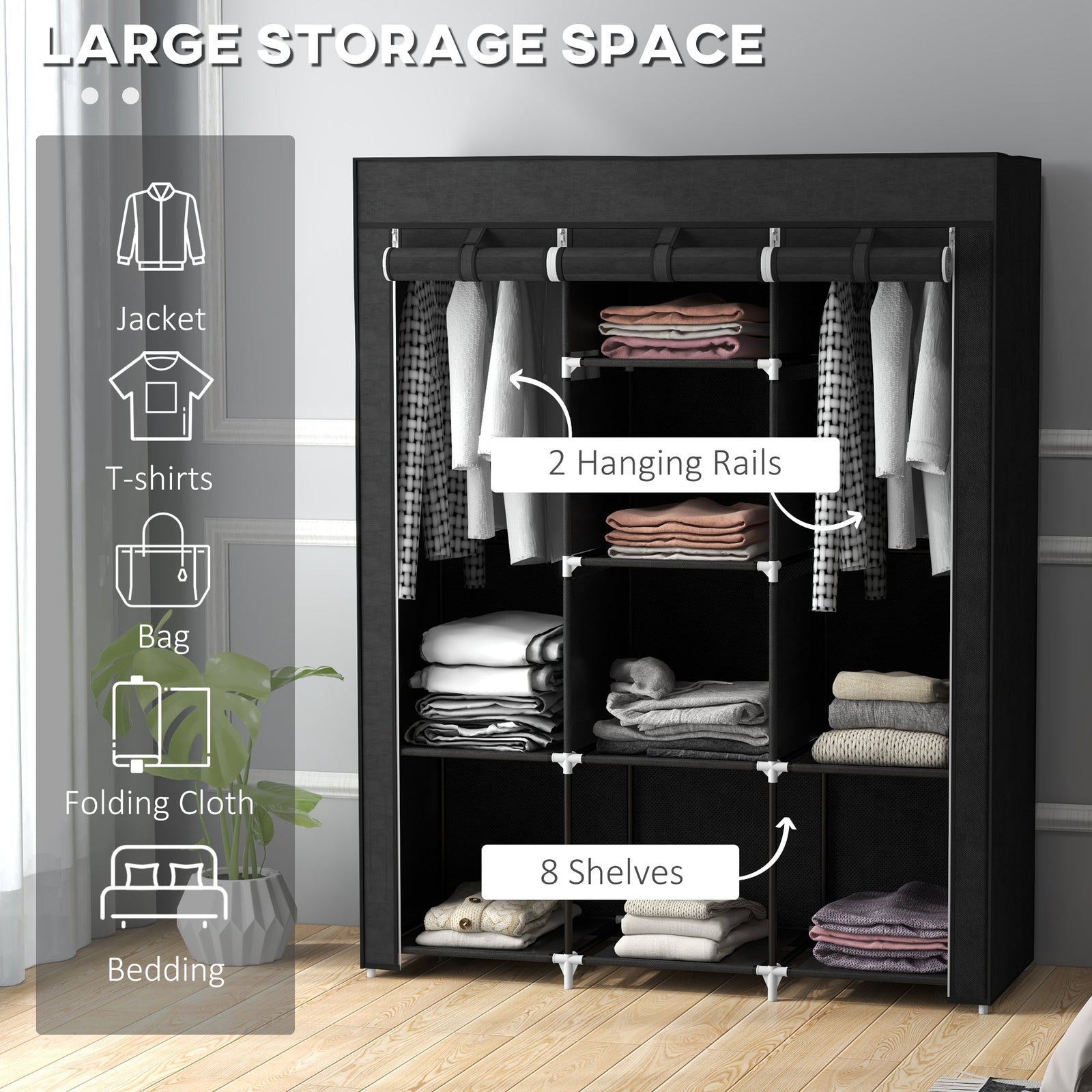 homcom fabric wardrobe with rails and shelves black