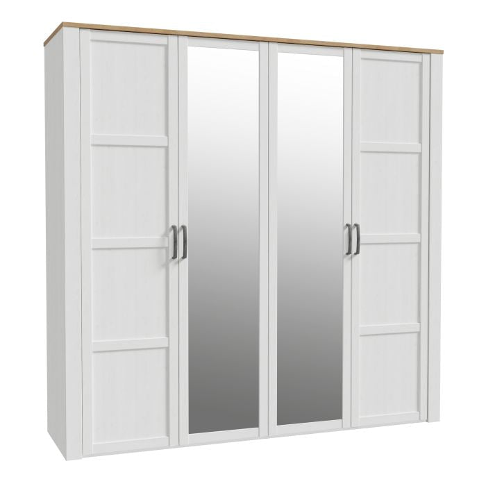 BUENOS 4 door wardrobe with two mirrored centre doors and white sides, Riviera Oak effect plinth