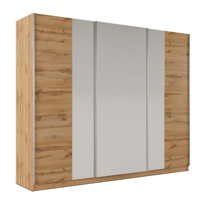 3 door sliding wardrobe with Oak Wotan finish and mirrored centre panels