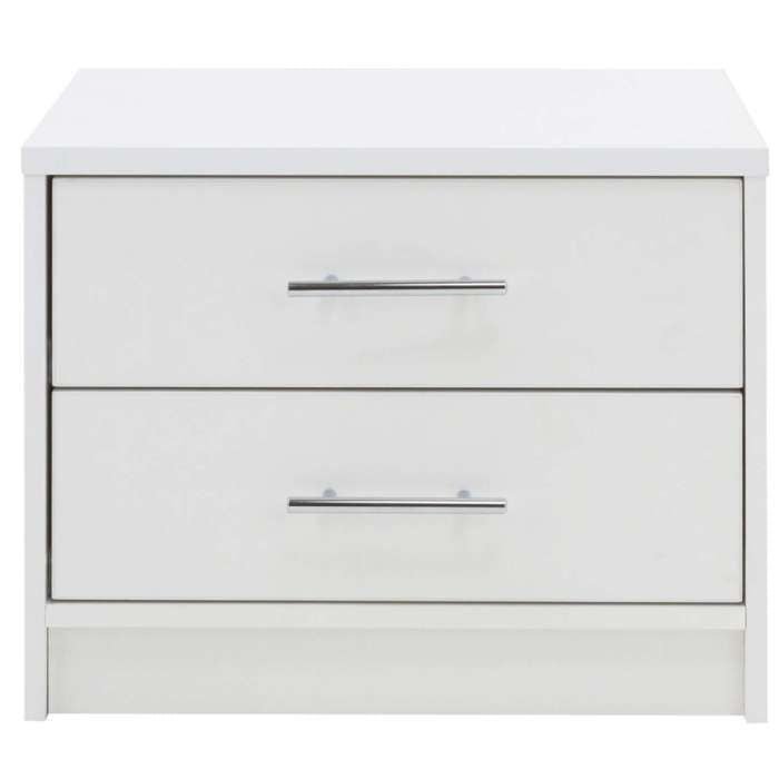 White 2 drawer bedside table with horizontal silver handles