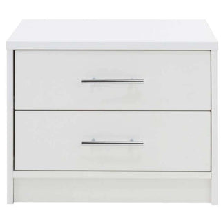 White 2 drawer bedside table with horizontal silver handles