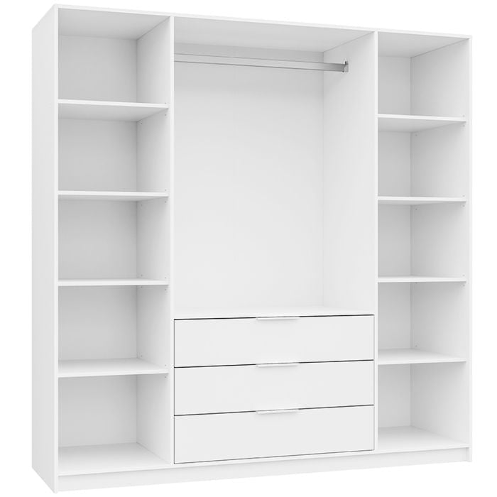 White four-door wardrobe interior with hanging rail, shelves, and three drawers