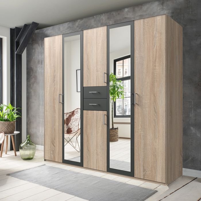 CHOICEWARDROBE DAKAR 5-door 225cm wardrobe, oak and graphite finish with mirrored panels and two central drawers.