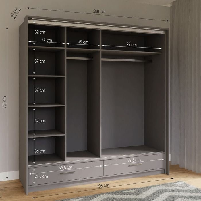 Graphite grey matt 208cm sliding door wardrobe with internal shelves and hanging rails