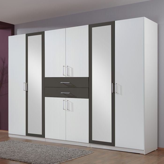 CHOICEWARDROBE DAKAR 6 Door Mirrored Wardrobe in White and Graphite with three central drawers