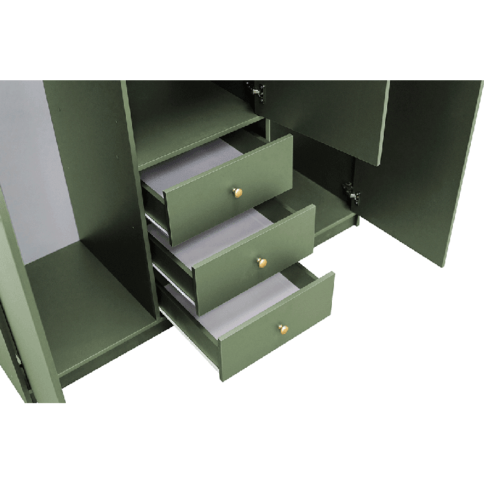 Elviro green wardrobe with 3 drawers and gold knobs, showing open drawers.