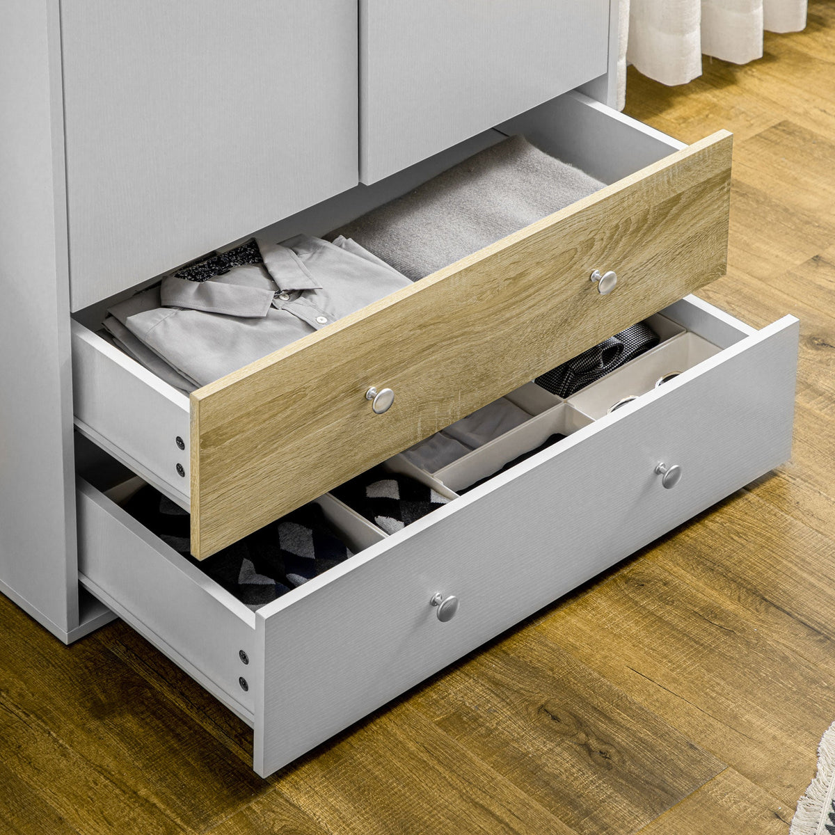 homcom 2 door wardrobe with 2 drawers hanging rod and anti tipping straps for bedroom clothes storage organisation white