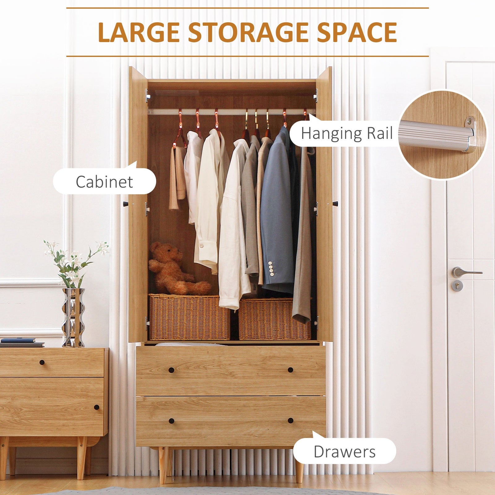 homcom wardrobe with 2 doors 2 drawers hanging rail for bedroom clothes storage organiser 80x52x180cm natural tone
