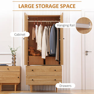 homcom wardrobe with 2 doors 2 drawers hanging rail for bedroom clothes storage organiser 80x52x180cm natural tone