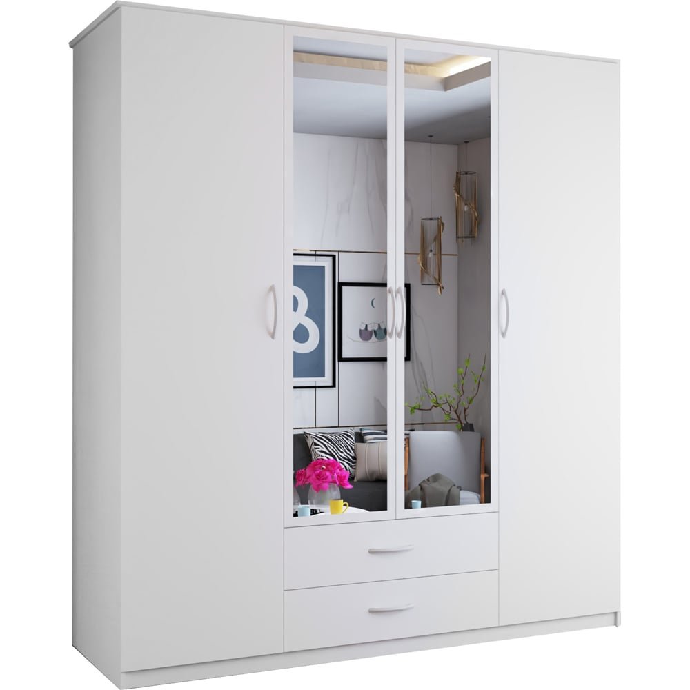 White 4 door wardrobe with two central mirrored doors and two bottom drawers