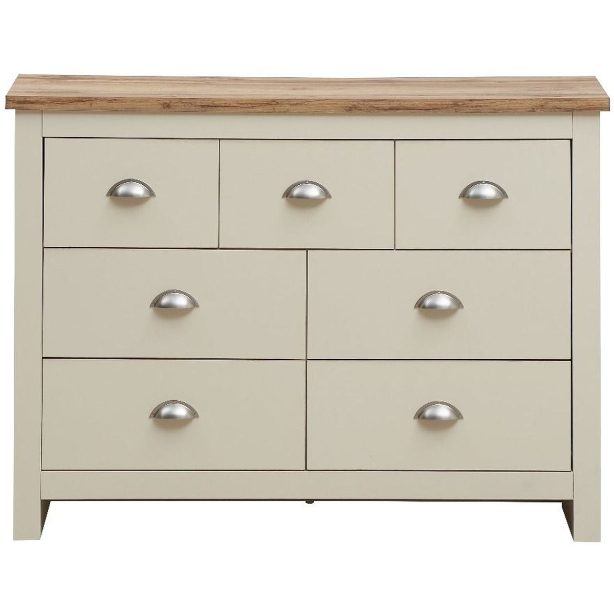 Cream 7-drawer chest with oak-effect top and silver cup handles.