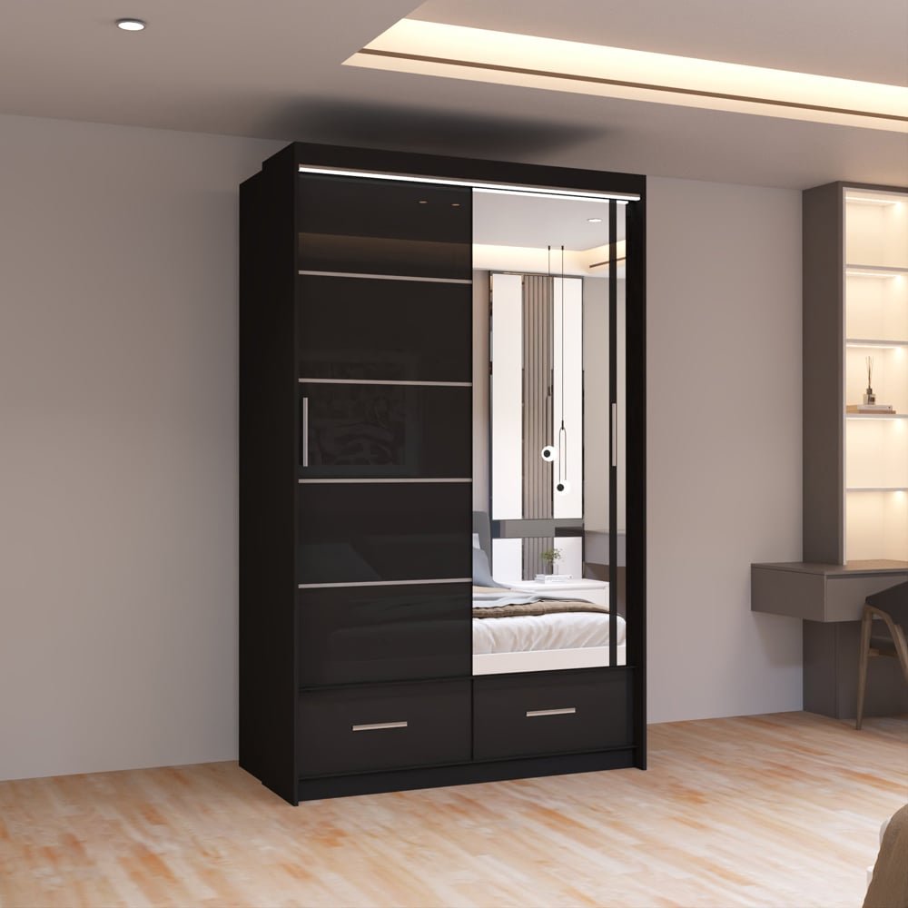 CHOICEWARDROBE 2 Door Sliding Wardrobe Black High Gloss with Mirror Panel